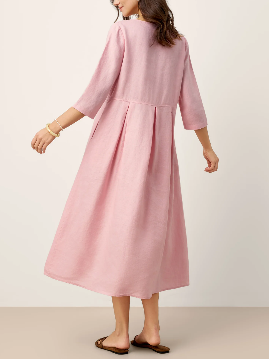 Elegant Pink Linen-Blend Midi Dress With Asymmetrical Button Collar
