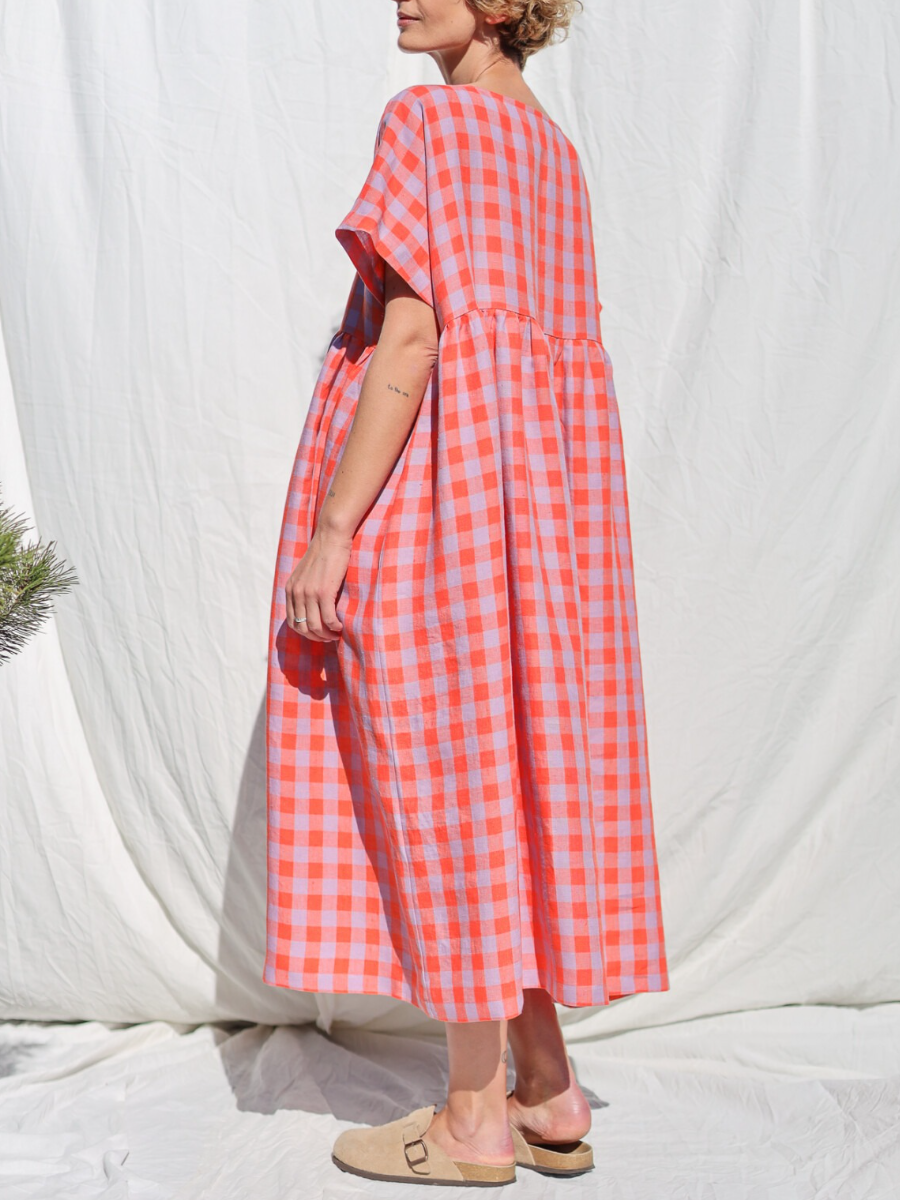 Oversized Red & Pink Gingham Smocked Midi Dress