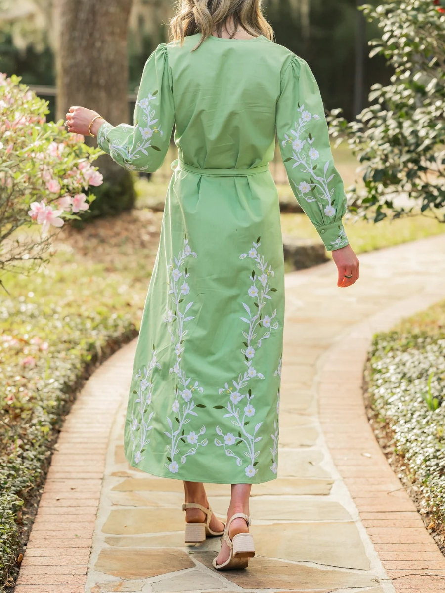 Green Floral Embroidered Midi Shirt Dress