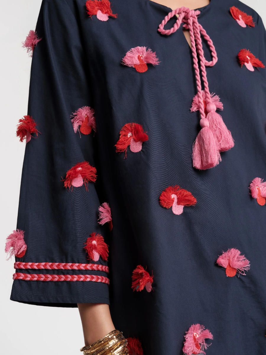 Flower Embroidered Tassel Tie Shift Dress
