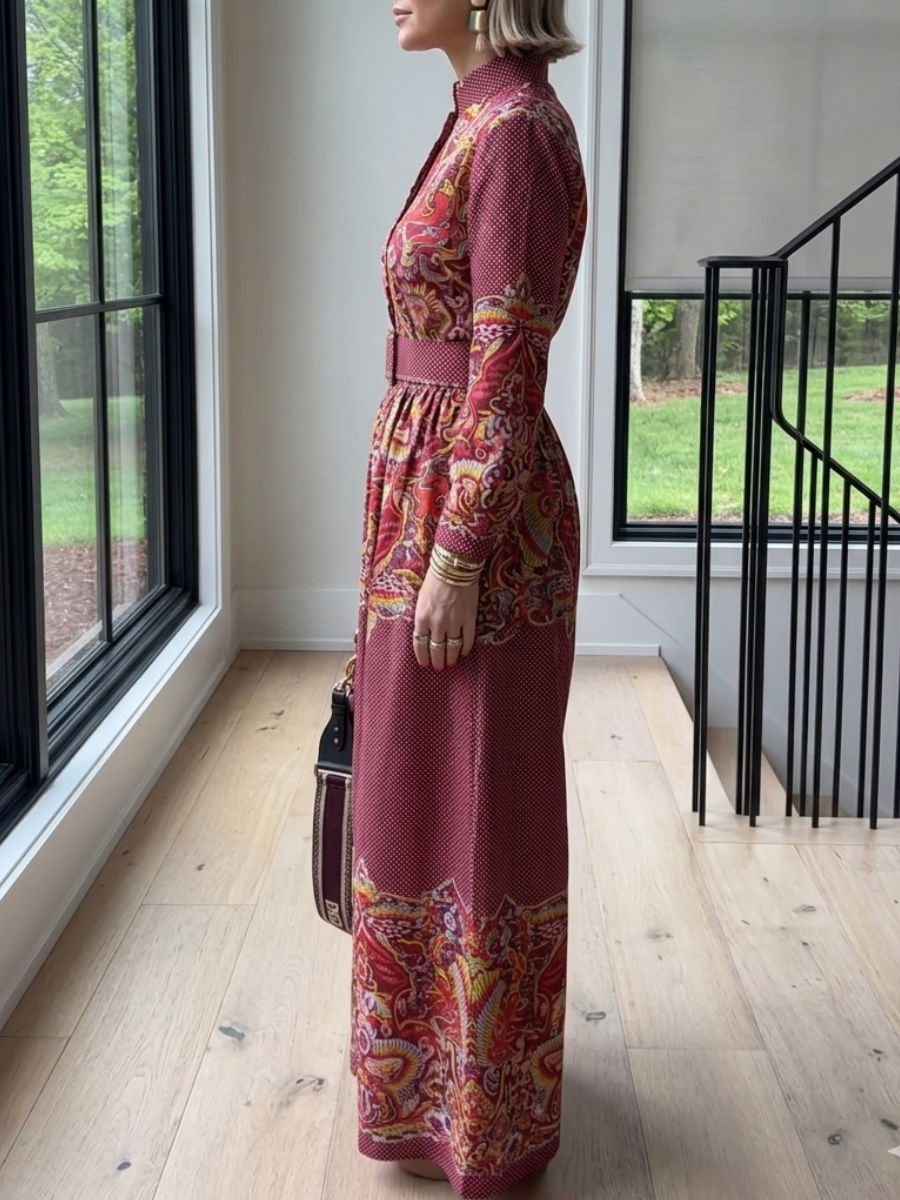 Vintage Paisley Print Long Sleeve Wide-Leg Jumpsuit With Belt