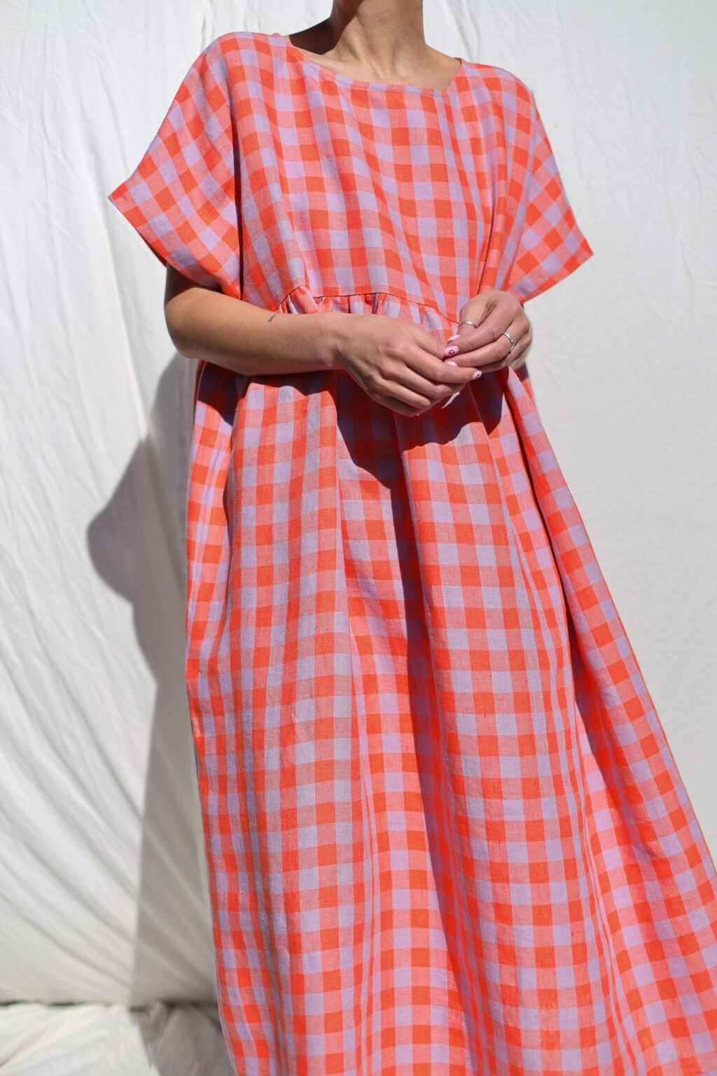 Oversized Red & Pink Gingham Smocked Midi Dress
