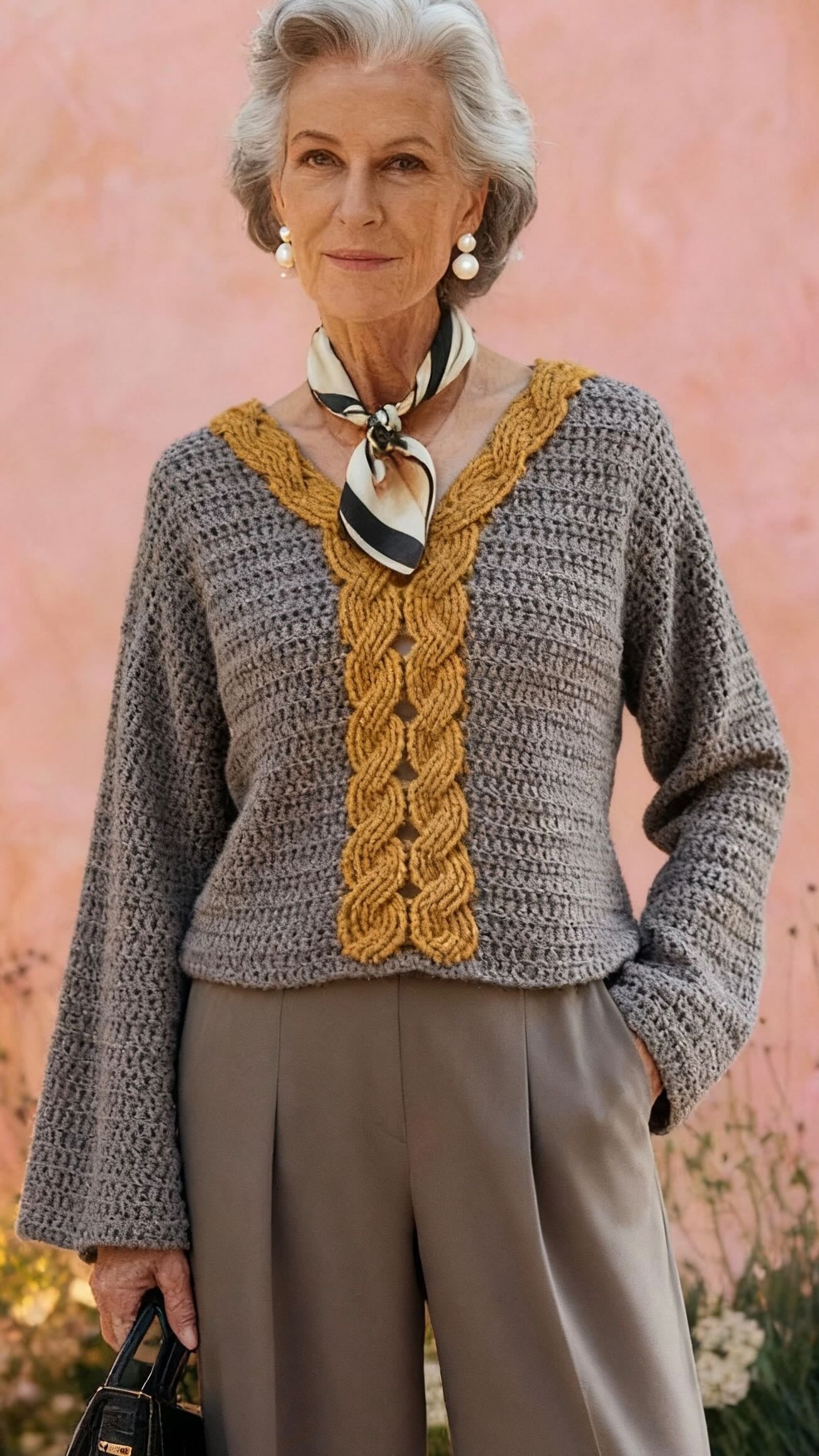Handmade Heathered Gray & Mustard Cable-Knit Crochet V-Neck Top