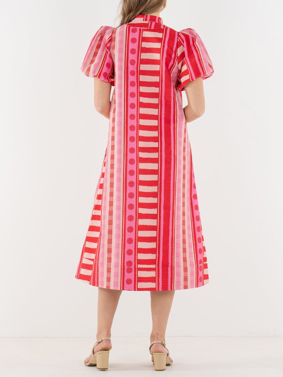 Printed V Neck Elastic Puff Sleeves Loose Maxi Dress - allsose
