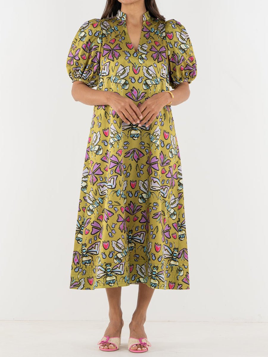 Printed V Neck Elastic Puff Sleeves Loose Maxi Dress - allsose